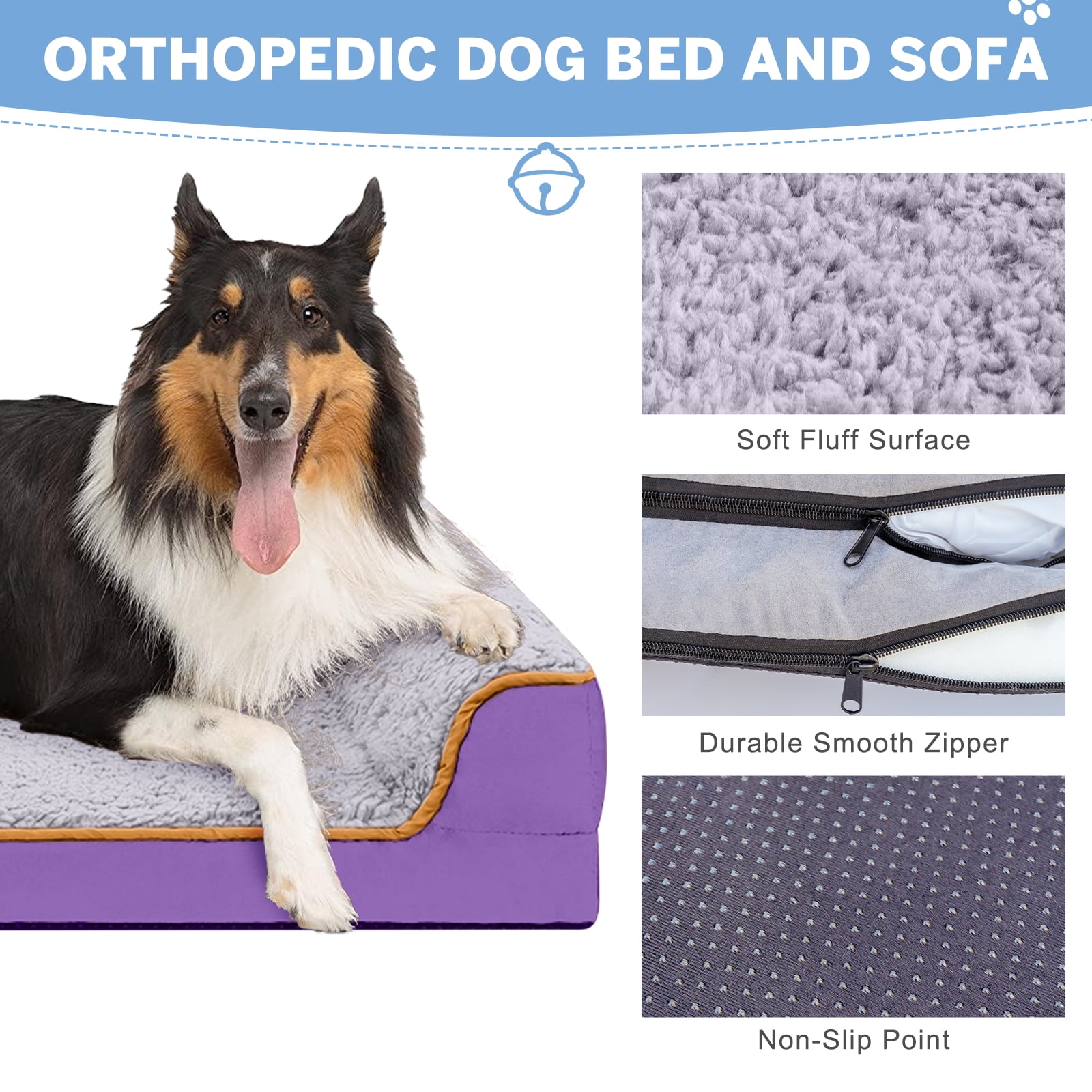 PayUSD Dog Bed for Large Medium Small Dogs Orthopedic Dog Sofa Bed Non Slip Pet Couch with Removable Washable Cover Supportive Egg Crate Foam S to XL, Gray and Purple