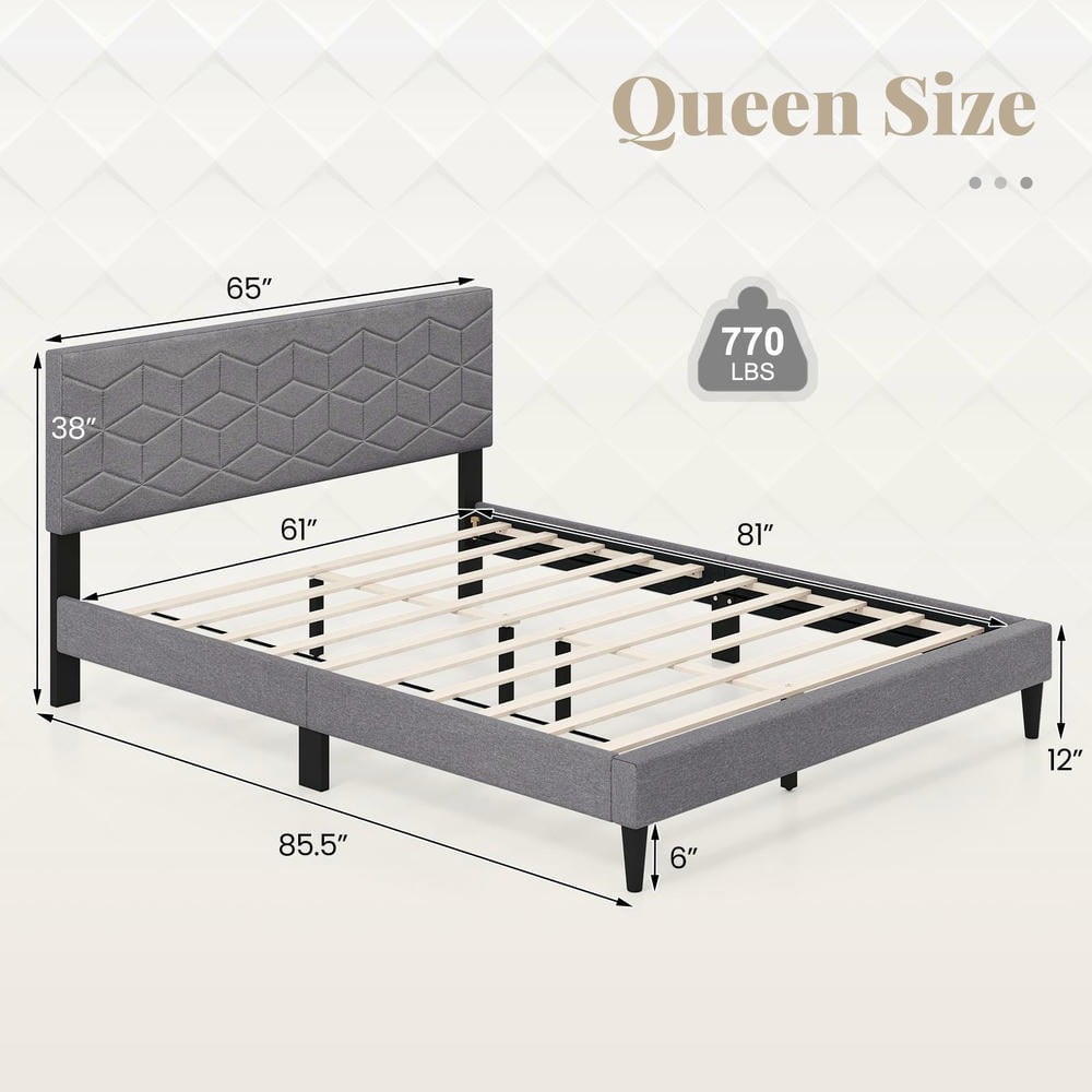 GVN Queen Size Sturdy Bed Frame with Linen Fabric Upholstered Headboard, Bedroom Platform Bed Frame for Apartment, Bedroom, Gray