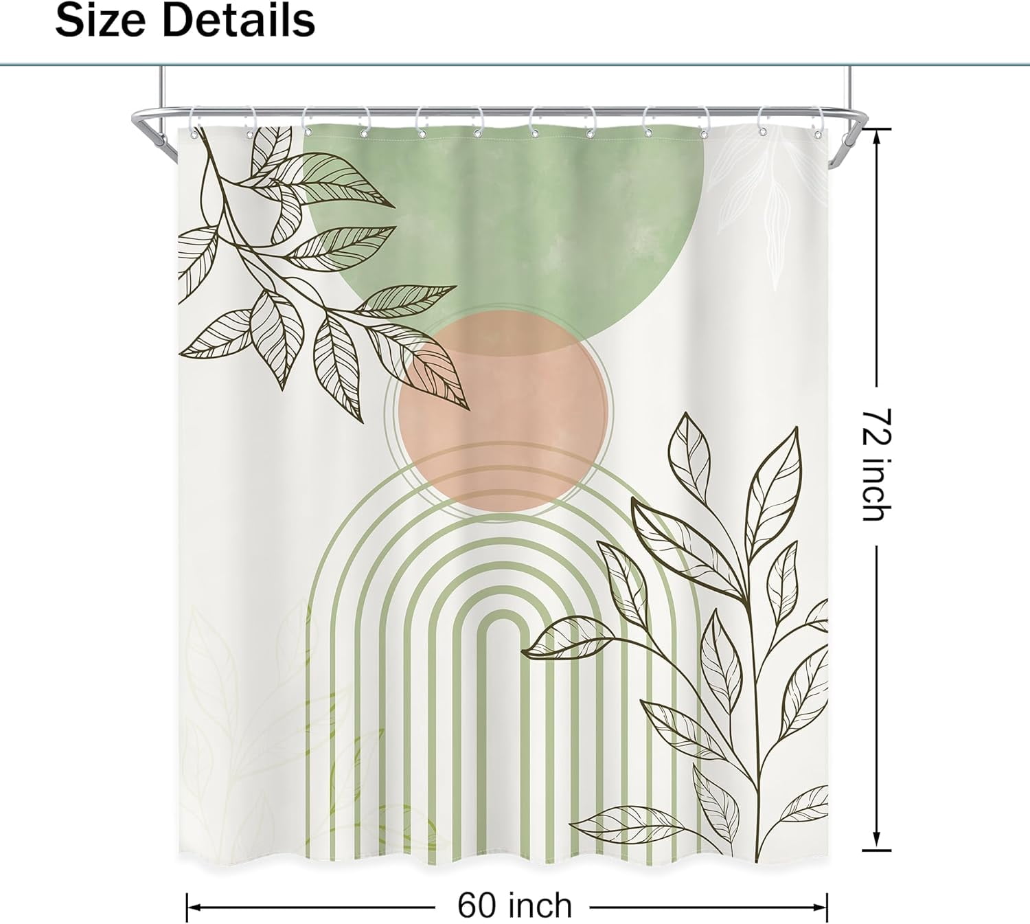 Sage Green Boho Shower Curtain 72Wx72L Inch Mid Century Modern Abstract Leaves Minimalist Geometric Arch Sun Shower Curtain Bathroom Set Plant Bath Curtain Bathtub Accessories Home Decor