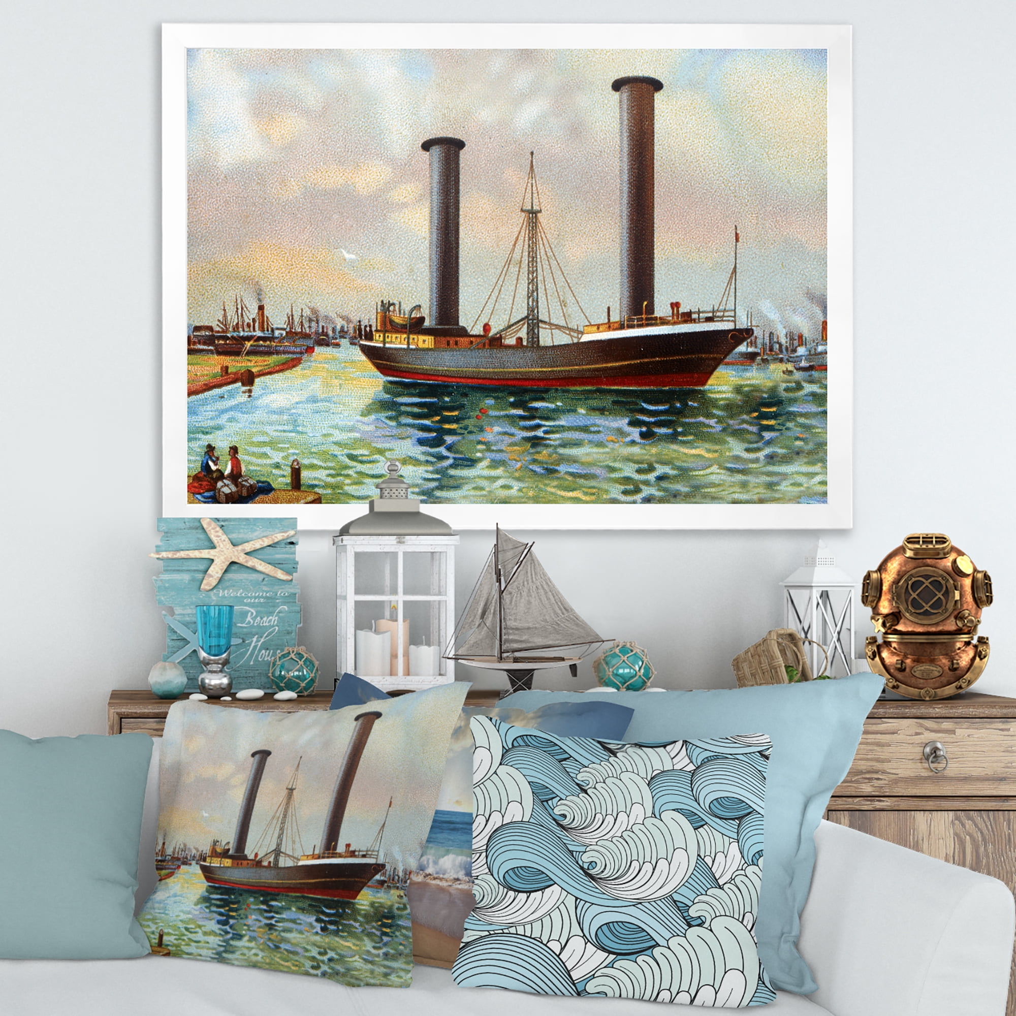 Designart 'The Ancient Boat Leaving The Harbor' Nautical & Coastal Framed Art Print