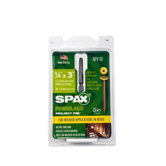 Spax 5041884 Power Lags 0.25 x 3 in. T-30 Washer Head Construction Screws, Gold- Pack of 12