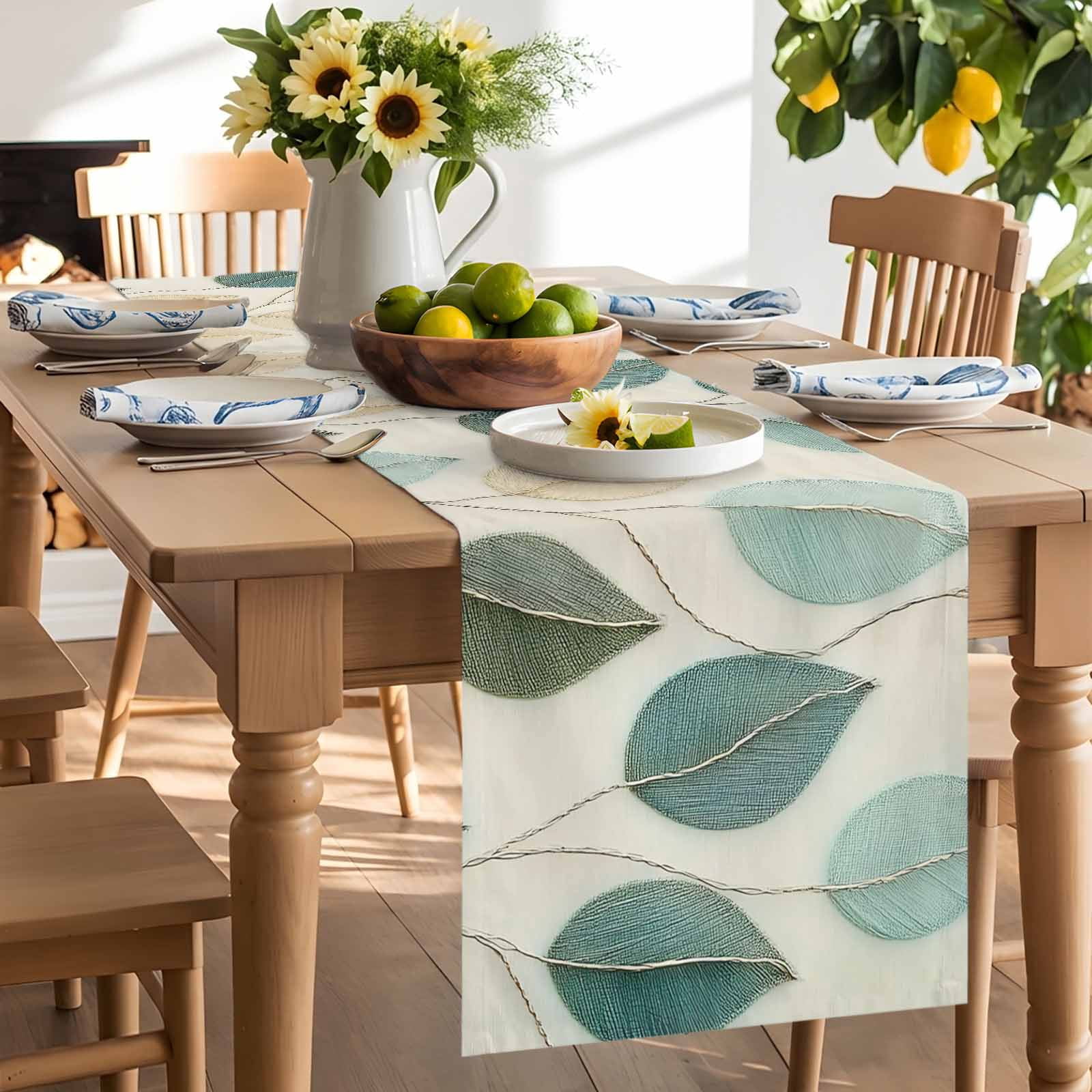 Farmhouse Teal Green Leaf Table Runner 90 Inches Long, Vintage Watercolor Leaves Table Runners Tabletop Scarf Kitchen Dining Tables Decoration for Home Party Indoor Outdoor