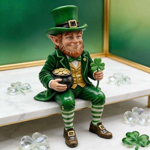 St.Patrick's Day Leprechaun Figurine Shamrock Lucky Charm Green Gnome Resin Statue for Home Decor Tiered Tray Office Kitchen Table Car Decoration