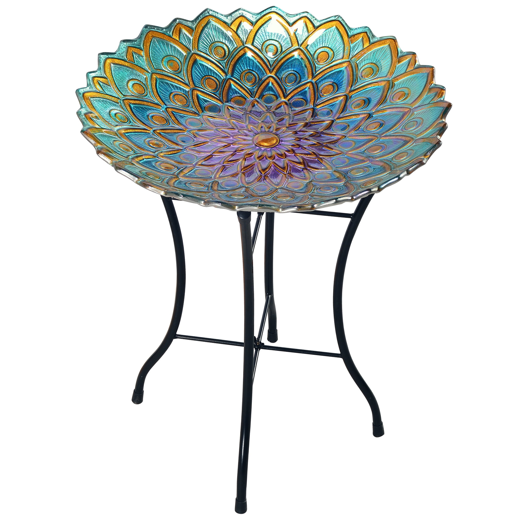 Peaktop Outdoor 18-Inch Mosaic Flower Fusion Glass Birdbath w Stand by Teamson Design Corp.