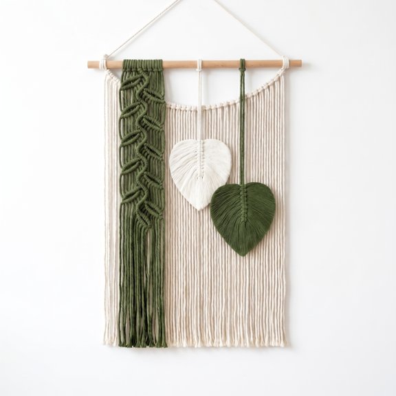 Macrame Wall Decor,Cotton Woven Beige and Green Leaves Tapestry, Vintage Handmade Chic Bohemian Tassel Tapestry, Farmhouse Wall Art Home Decoration for Bedroom Living Room