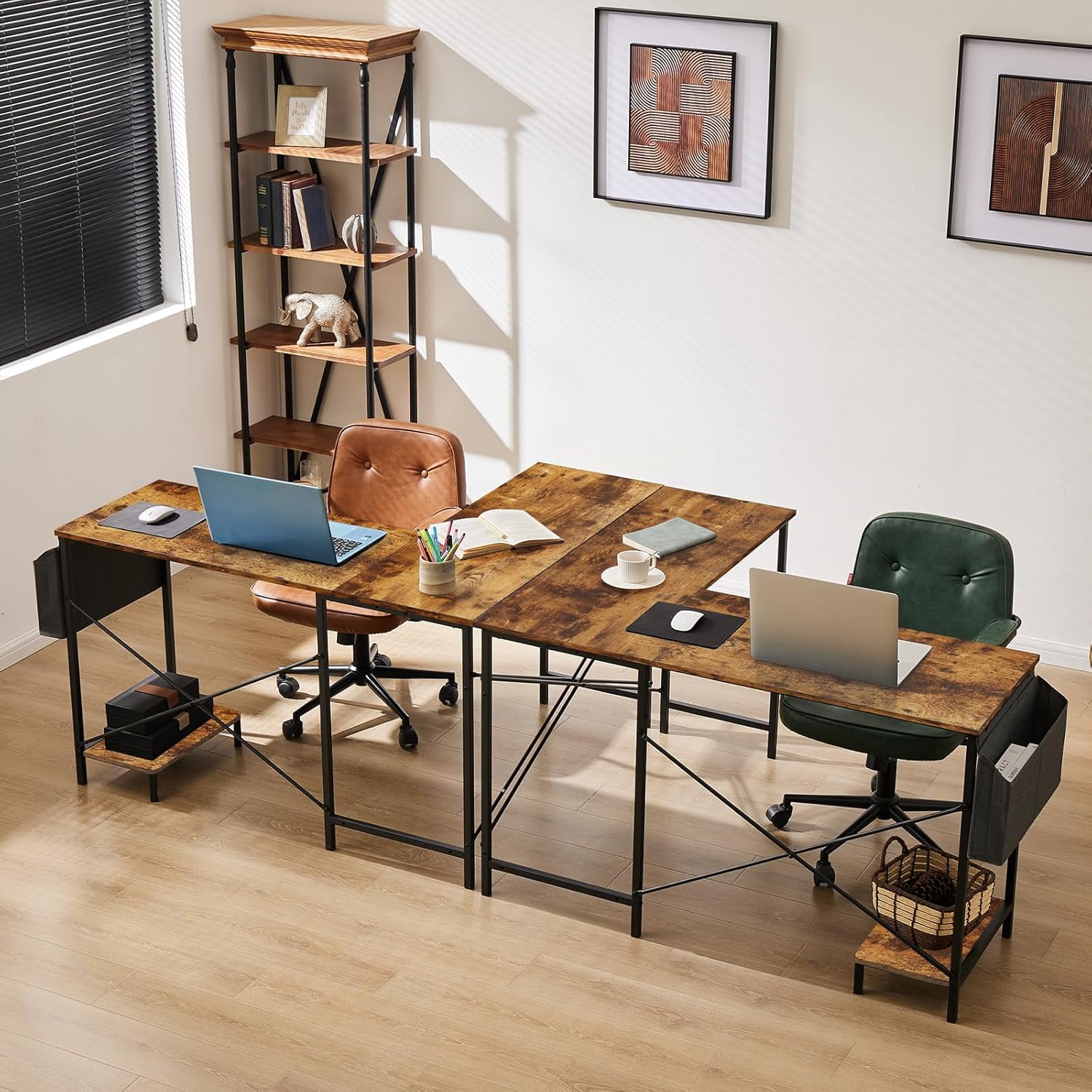Bigleap L Shaped Computer Desk - Gaming Table Corner Desk 50 Inch PC White Writing Desk Study Desks with Wooden Desktop CPU Stand Side Bag Reversible for Home Office Room Small Space, Brown