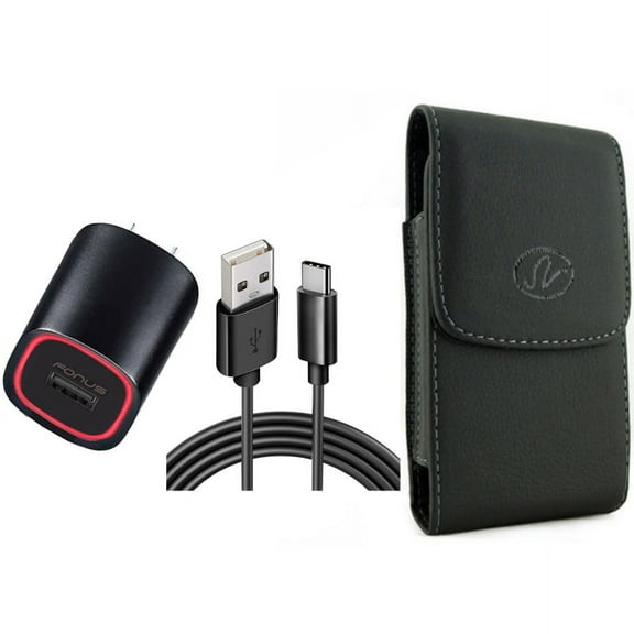 Case Belt Clip & Home Charger for iPhone 15 Pro Max - Leather Holster Cover Pouch and 2.4A USB Cable TYPE-C 6ft J8W for iPhone 15 Pro Max (6.7")