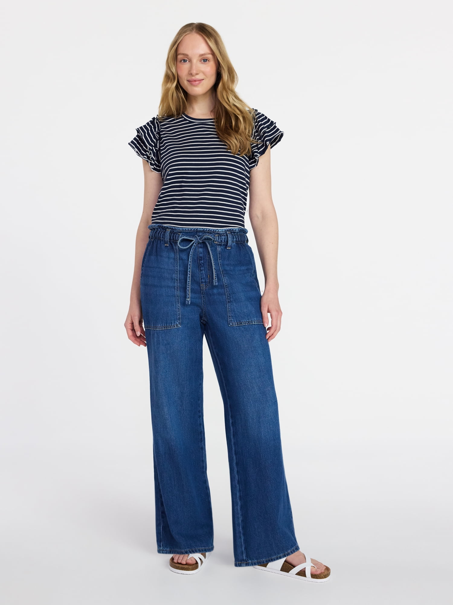 Time and Tru Women's Cotton Crewneck Tee with Ruffle Flutter Sleeves, Sizes XS-XXXL