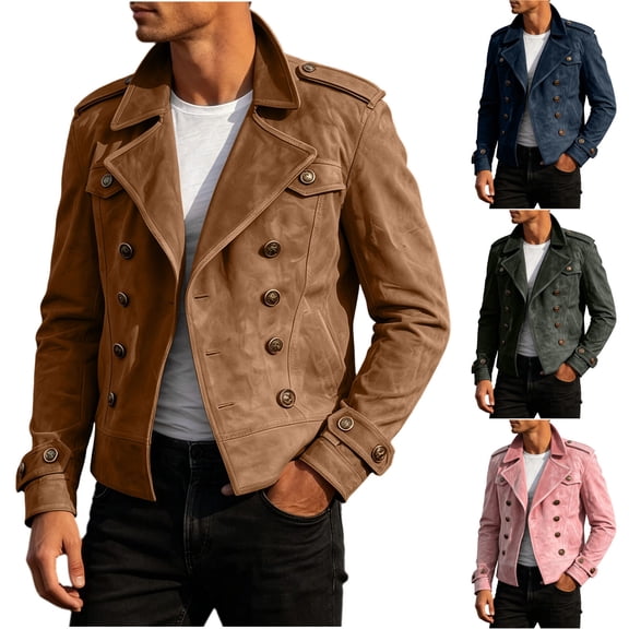 FRSASU Men's Faux Suede Jacket Notched Lapel Collar Double Breasted Jacket Trendy Casual Blazer Coat Winter Wear Pink