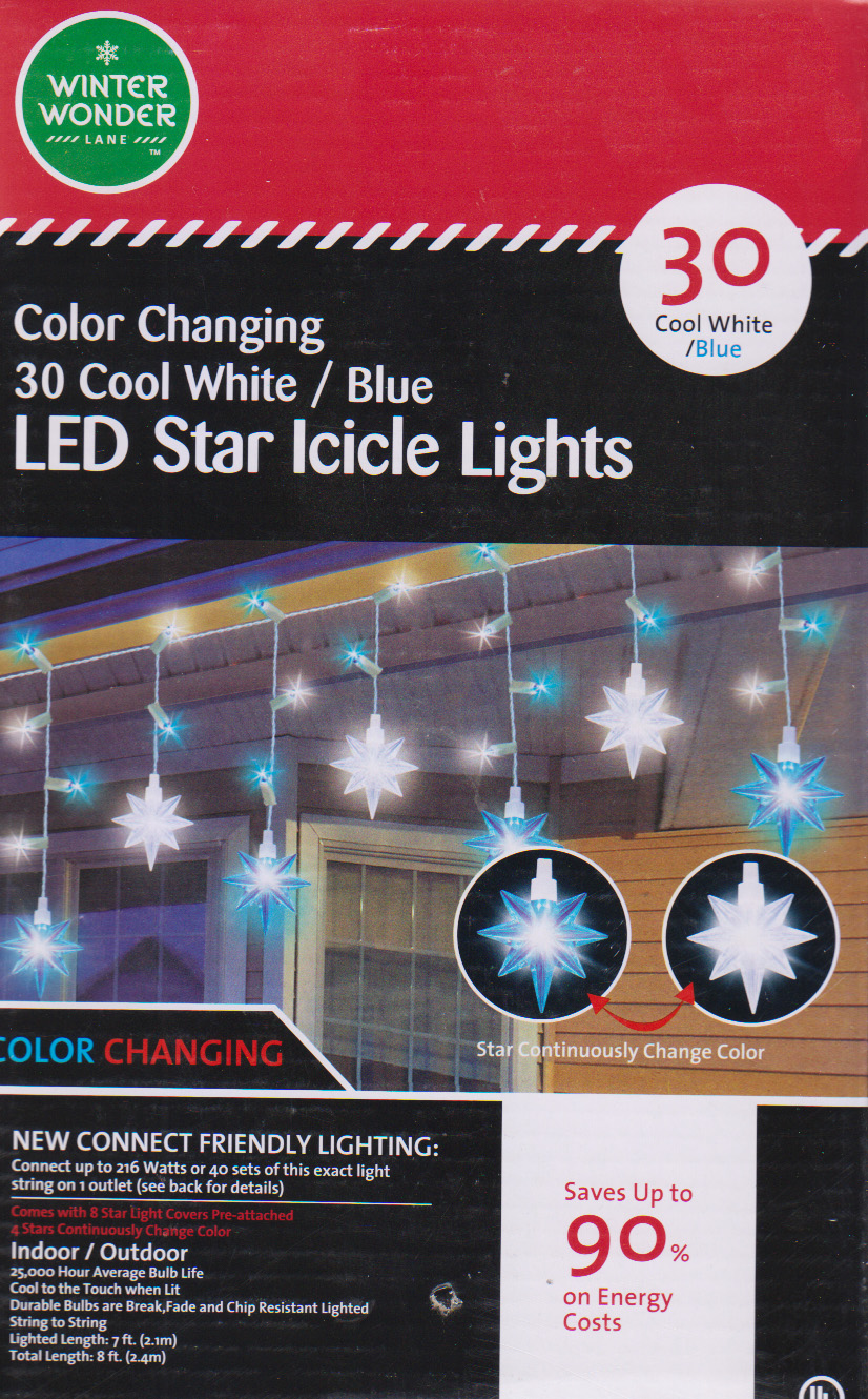 Cool White Blue Color Changing LED Star Icicle 30 bulb String Lights