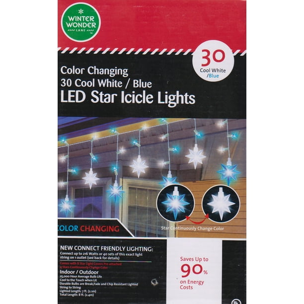 Cool White Blue Color Changing LED Star Icicle 30 bulb String Lights