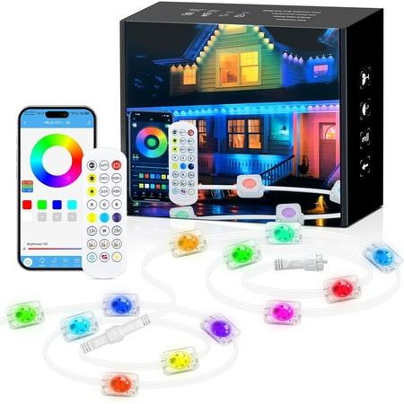 RGB+IC Smart Outdoor Lights (50FT) - 24V, 221 Modes, App/Remote, IP68 Waterproof, Ideal for Roof, Eaves & Holiday Lighting