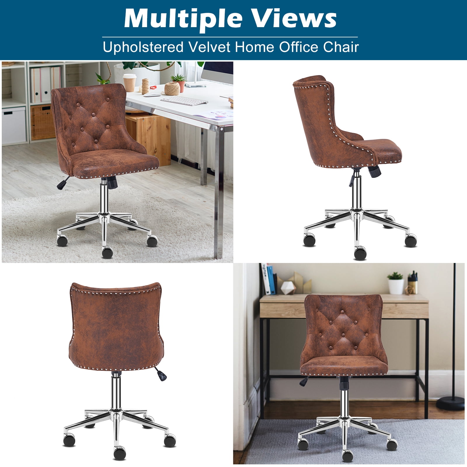 UBesGoo Armless Office Chair Suede Fabric Computer Task Chair Adjustable Swivel Vanity Chair with Ergonomic Backrests and Wheels for Conference and Home Brown & Sliver