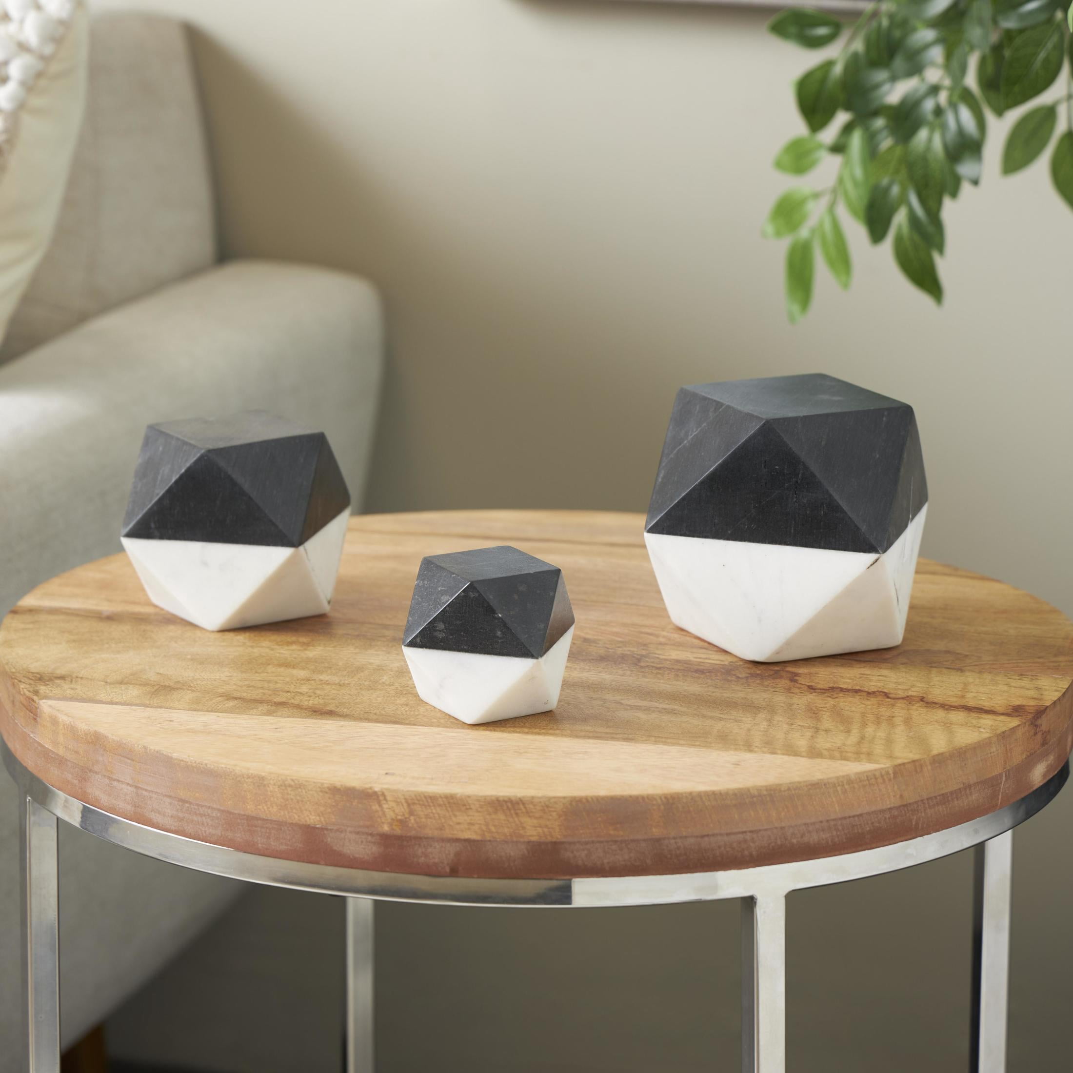 5", 4", 3"H Black Marble Cube Two-Toned Hexagon Geometric Sculpture with White Accent, by DecMode (3 Count)