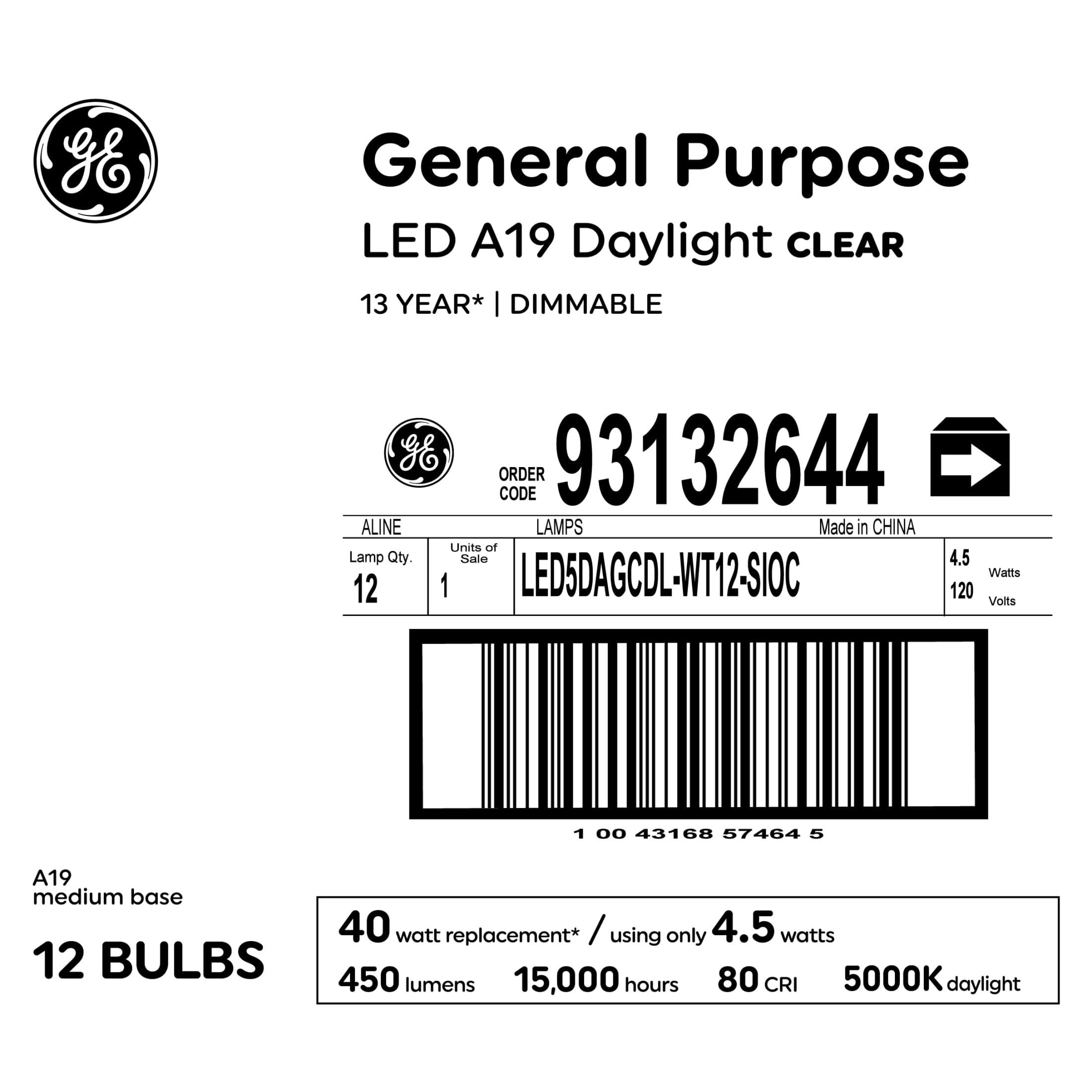 GE General Purpose Bulbs A19 LED Light Bulbs, 40 Watt Replacement, Daylight (12 Pack)