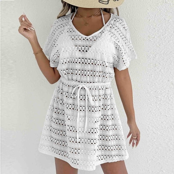 Warop Women's Lace Maxi Dress, Drawstring Waist with Bow Tie Belt, Casual Beach Vacation Maxi for Summer and Travel