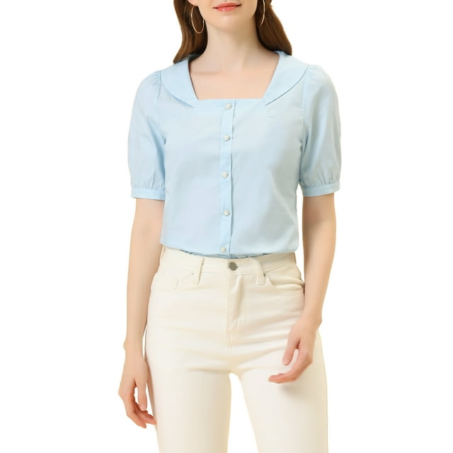INSPIRAR CHIC Blusa de Manga Corta de Algodón con Cuello Cuadrado y Botones para Mujeres Color Azul Claro XS