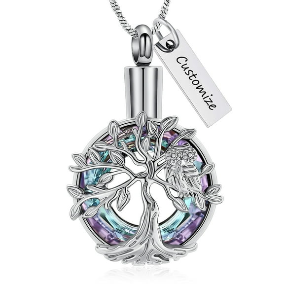 Tree of Life Urn Necklace for Ashes with Owl Crystal Cremation Jewelry for Ashes Birthday / Mothers Day Memorial Keepsake Gifts for Women