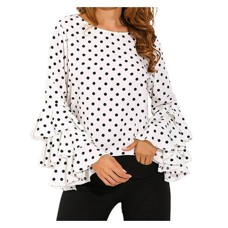 - Womens Flouncing Sleeve Ruffled Polka Dot Loose Tops Blouse Shirts