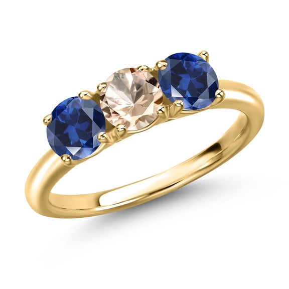 Gem Stone King 18K Yellow Gold Plated Silver Peach Morganite and Blue Created Sapphire Engagement Ring for Women | 1.60 Cttw | Round 5MM | Gemstone October Birthstone | Size 9