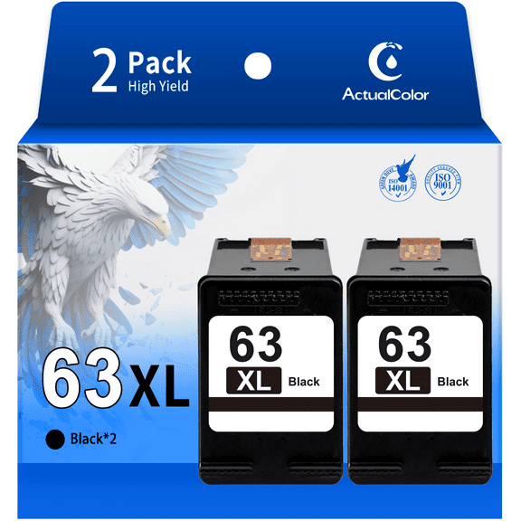 63XL 63 Black Ink Cartridge Compatible for HP Black Ink 63 (2 Pack)