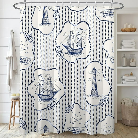 Blue Nautical Waterproof Fabric Shower Curtain,Coastal Ocean Shower Curtains Sets for Bathroom,Blue White Bath Curtain with 12 Hooks 72x72 Inches