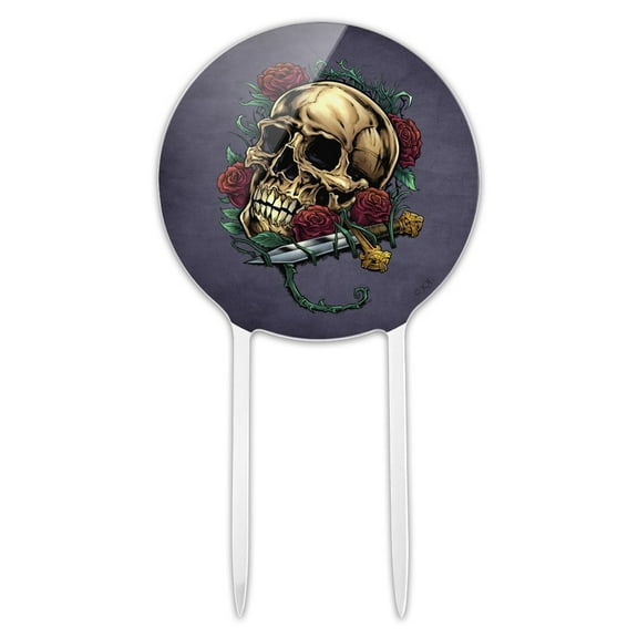 Acrylic Roses Skull and Dagger Cake Topper Party Decoration for Wedding Anniversary Birthday Graduation