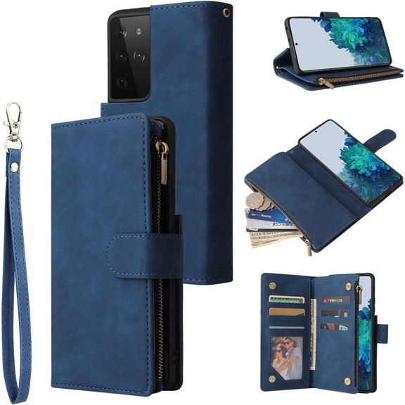 Wallet Case for Samsung Galaxy S21 Ultra, Premium Vintage PU Leather Magnetic Closure Handbag Zipper Pocket Case Kickstand Card Holder Slots with Wrist Strap TPU Shockproof Flip Case - Blue