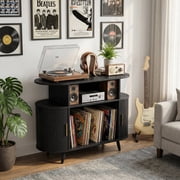 Jableast 35 in Fluted Record Player Stand with Storage, Mid Century Modern Audio Turntable Stand with Power Outlet, Vinyl Record Cabinet with Curved Sliding Door, for Living Room, Home Office, Black