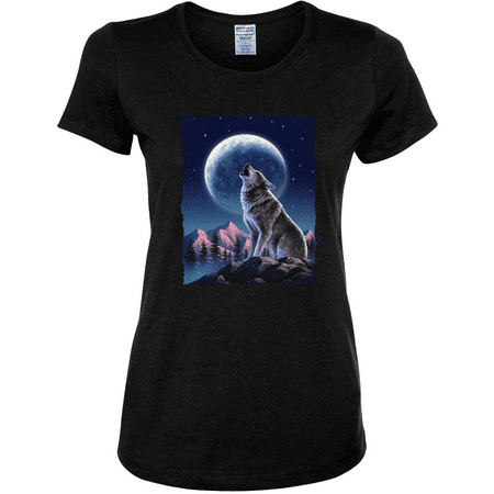 Full Moon Snow Wolf Howling Animal Lover Womens Graphic T-Shirt