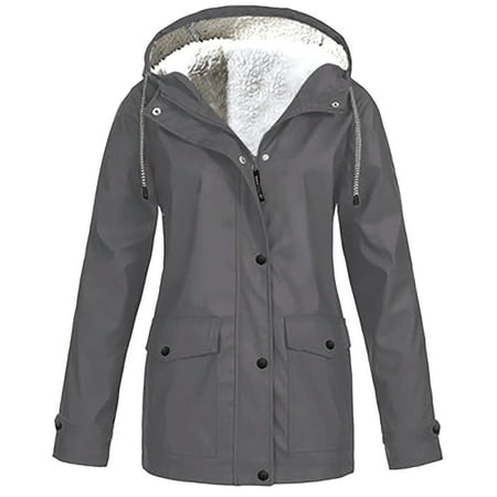 

Women’s Rain Coats Waterproof Hooded Sherpa Lined Jackets Zip Up Button Down Outerwear