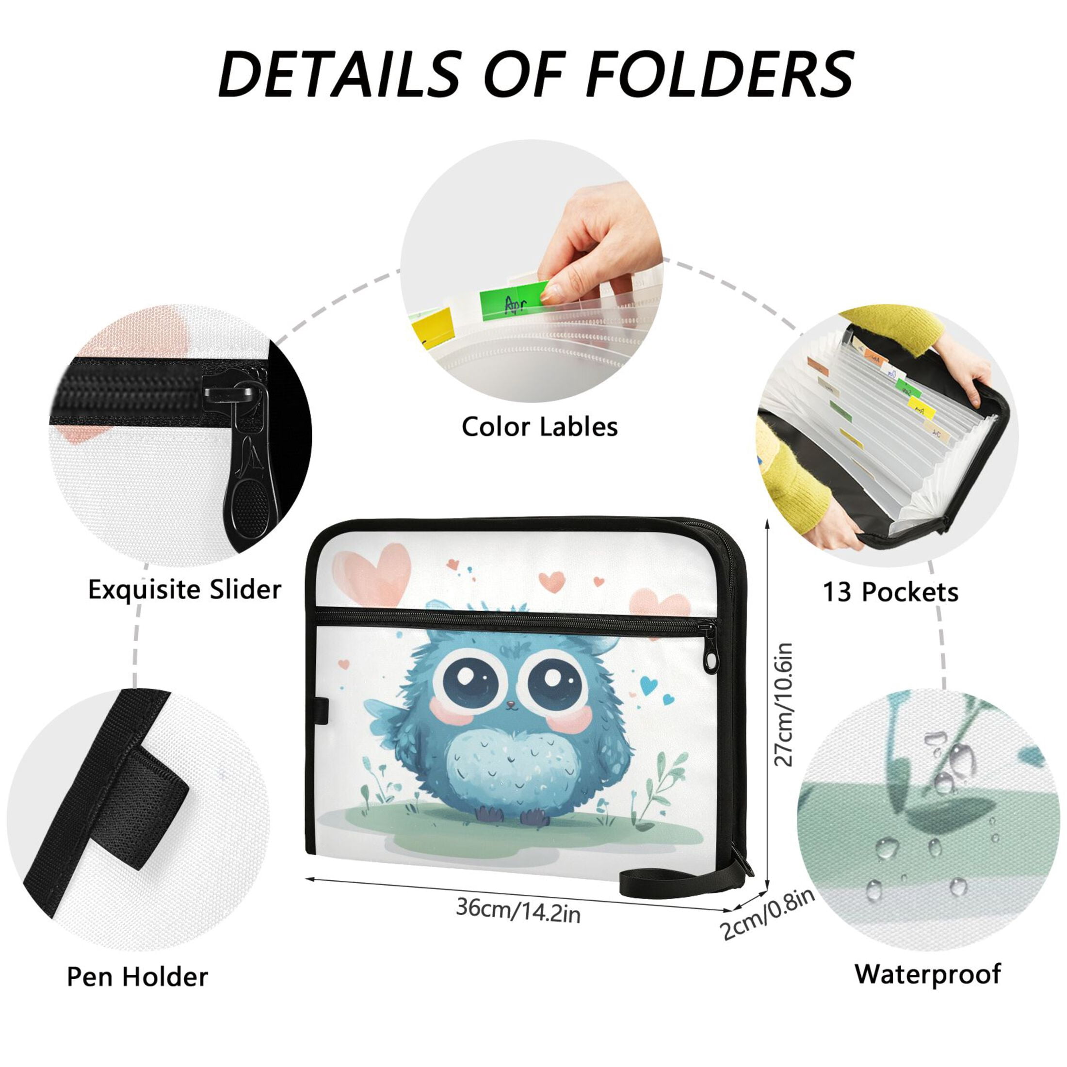 Organ Folder 14.2 x 0.8 x 10.6 Inches 13 Separate Pockets A4 Size Documents Folder A Sort Storage File Manager For The Home Office Beautiful Cute Blue Owl