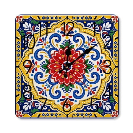 RKSupls 10×10inch Square Silent Wall Clock Wooden Frame, Talavera Red Flower Medallion Scale Decorative Clock for Home Bedroom Living Room Office
