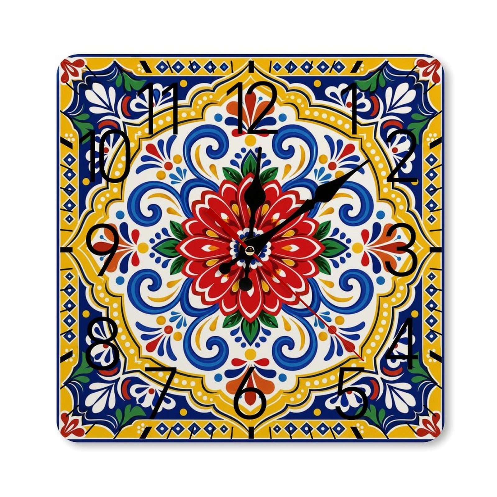 RKSupls 10×10inch Square Silent Wall Clock Wooden Frame, Talavera Red Flower Medallion Scale Decorative Clock for Home Bedroom Living Room Office