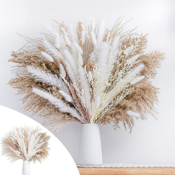 Xihbxyly Hierba de La Pampa Seca, Color Blanco Natural y Caqui, Ramo de 92 Piezas, Elegante Decoración de Estilo Bohemio, Ideal para Bodas, Salas de Estar y Fiestas, Fácil de Cuidar, 43 Cm de Largo,