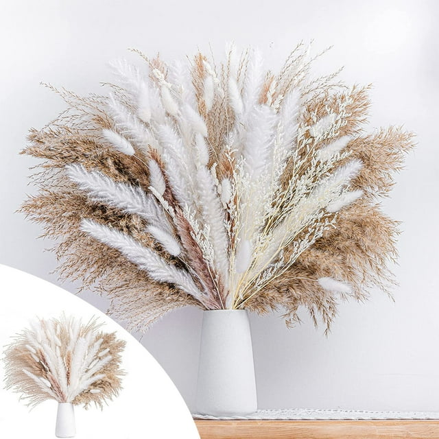 Decoración de hierba de la pampa seca | 92 piezas de colas de conejo blancas y caqui naturales flores secas boho | 17 pulgadas de alto | Ramo a granel para boda, jarrón de piso, hogar, casa de
