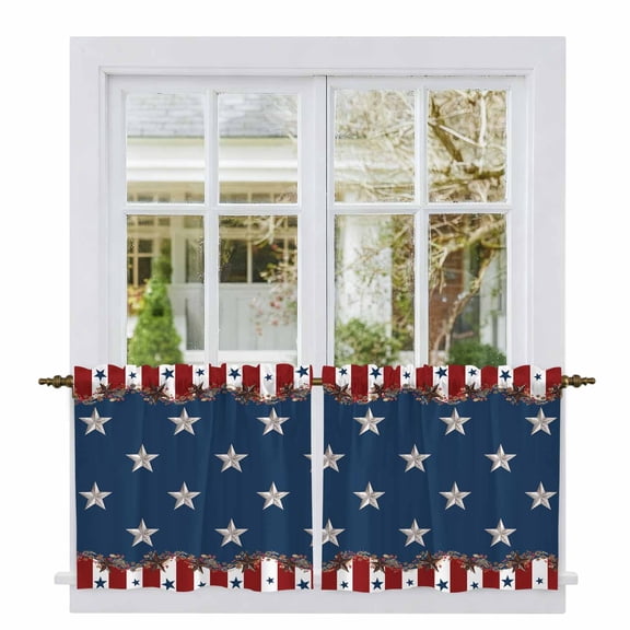 Country Star Farm Tier Curtains, Red Blue Patriots Stripe American Flag Light Filtering Kitchen Curtains, 2Pcs Rod Pocket Half Window Treatments Panels for Sink Cafe Cabinet Camper 27.5x36 Inches
