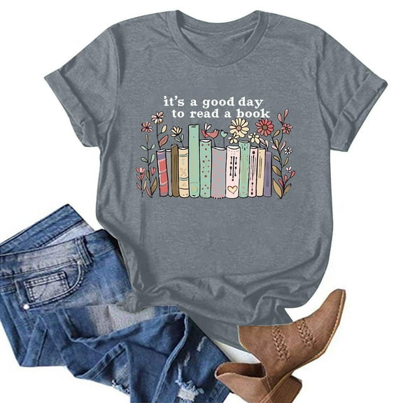 Rezuofi 2 Pcs It's a Good Day to Read a Book Shirts for Women Funny Letter Short Sleeve T-Shirt Book Lover Summer Graphic Tee Tops