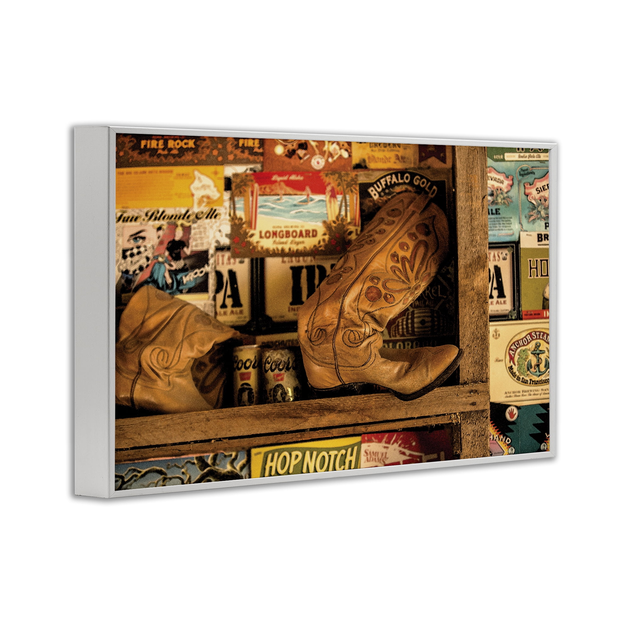 Stupell Industries Western Boots on Shelf Beauty & Fashion Painting White Framed Art Print Wall Art, 30 x 20