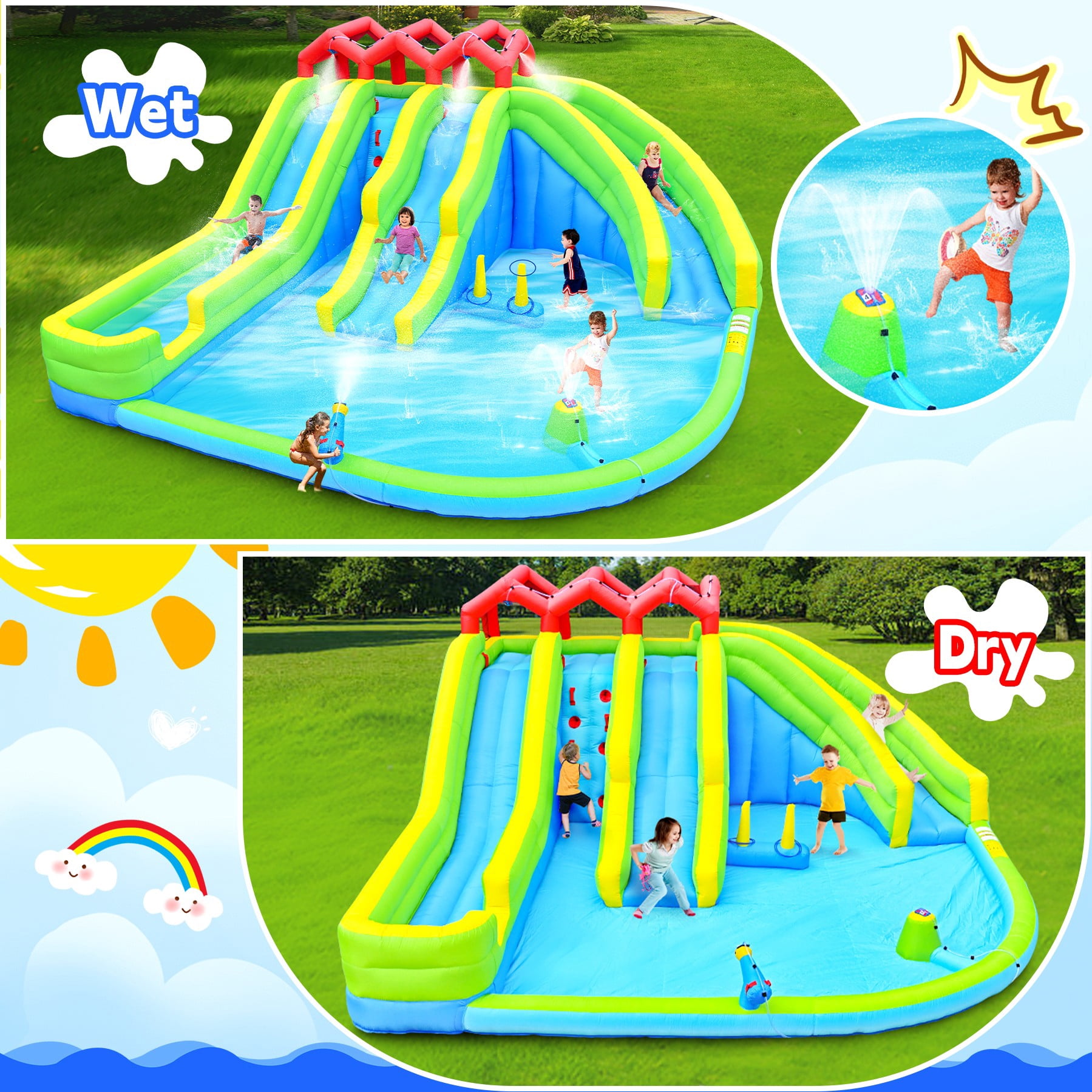 Aukfa Inflatable Water Park with 3 Slides, Climbing Wall, Water Guns, Sprinkler Fountain & 650W Air Blower for Outdoor Backyard