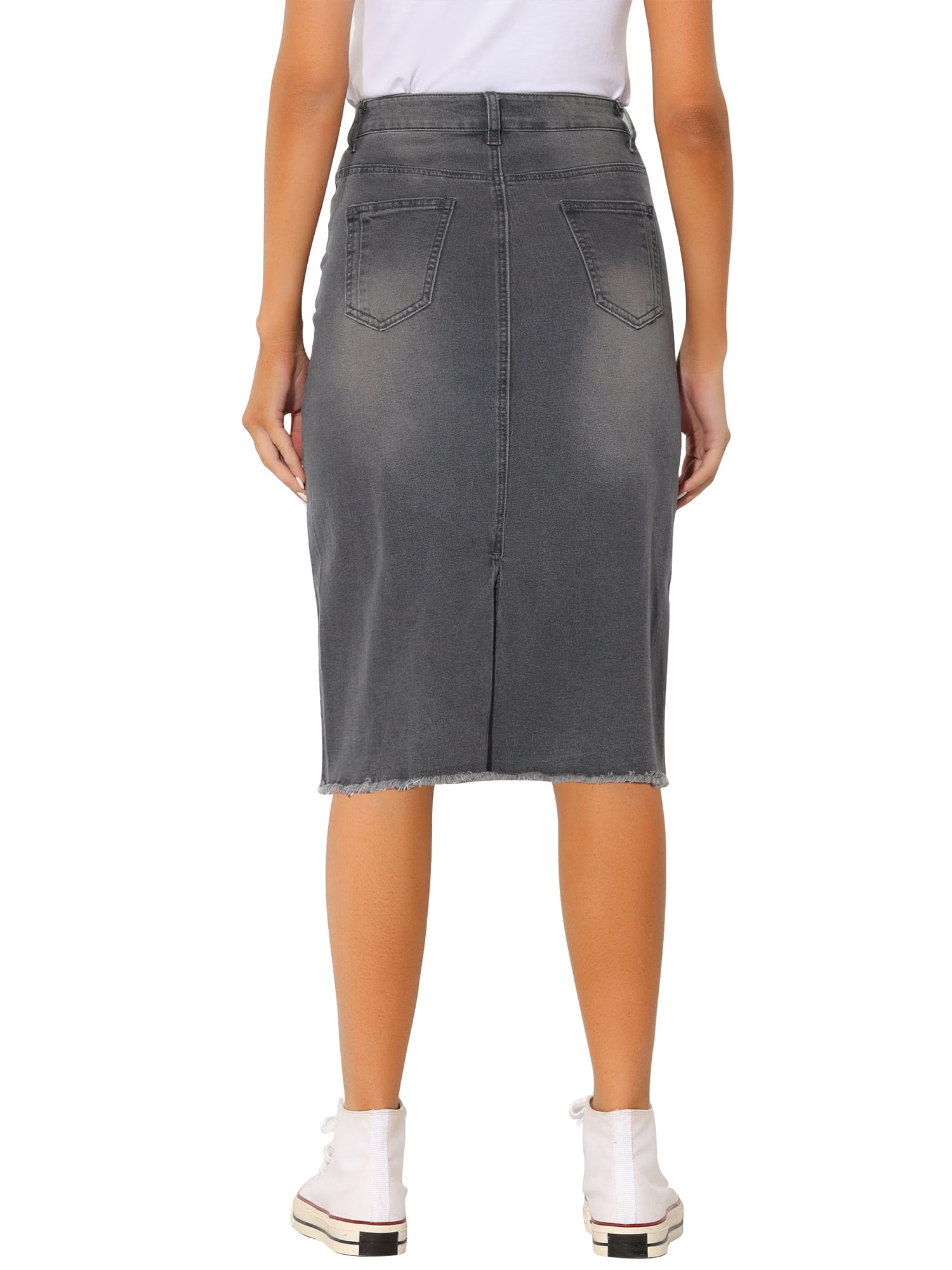 DARING DIVA Women's Jean Back Vent Midi Length Denim Skirts L Grey