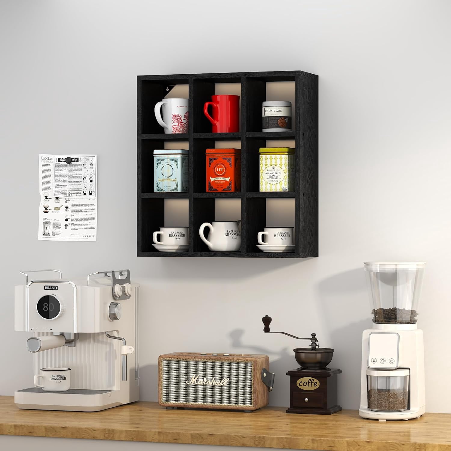 9 Grid Vintage Coffee Mug Display Rack, 16inch Wall Mounted Wooden Curio Shadow Box Shelf, Cup Floating Shelves Display and Organizer (Black)