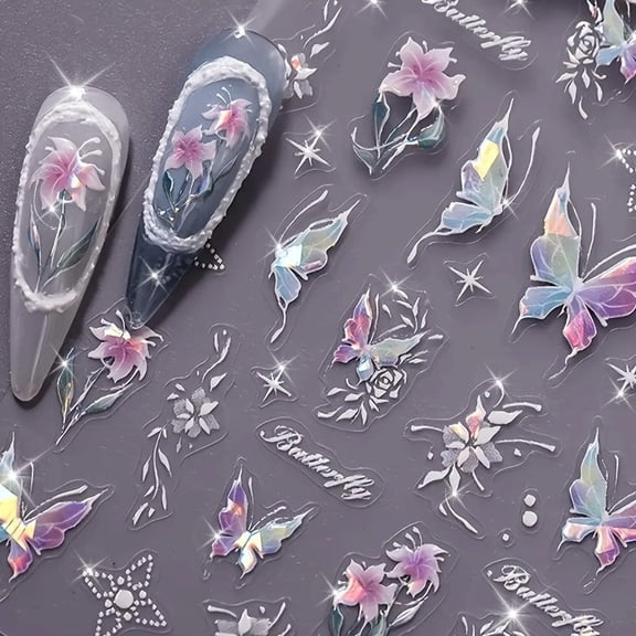 2 Pieces Self-Adhesive Nail Art Stickers - Elegant Matte Finish with Shell Glitter Flower and Butterfly Designs for Stunning Nail Art