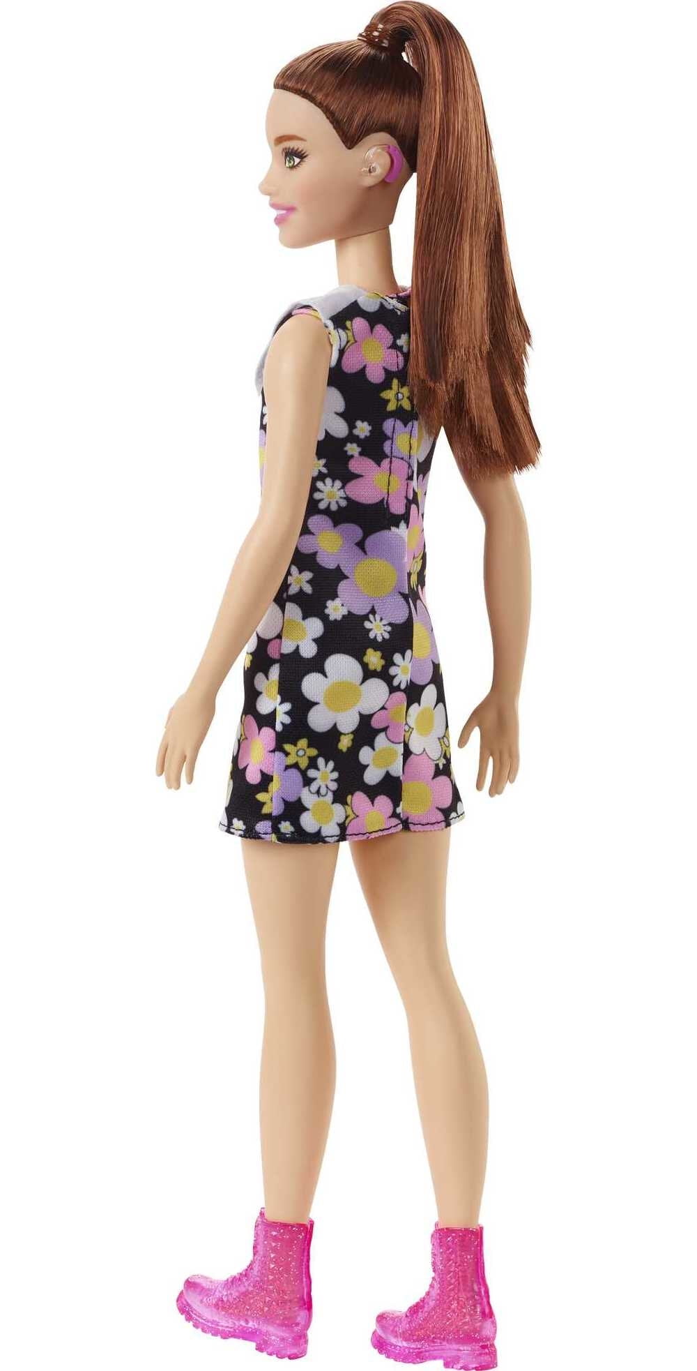 Barbie Fashionistas Doll #187 in Dress with Behind-the-Ear Hearing Aids, Brunette Ponytail & Boots