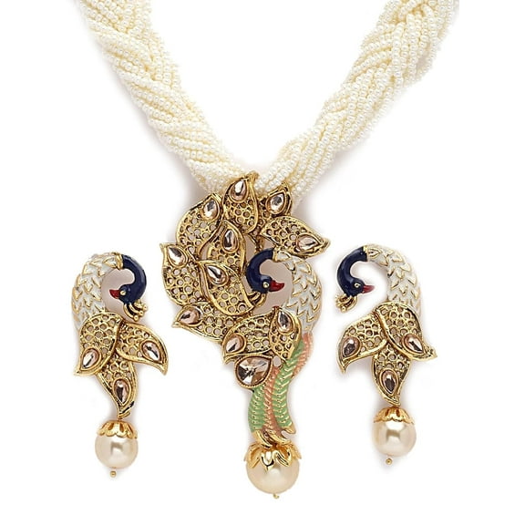 Elegant Traditional Stylish Ethnic Wear Gold Plated Stone Pearl Beaded Meenakari Peacock Style Necklace Set with Earrings(BJPCK130Cpy)