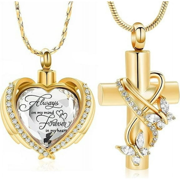 2 Pack Cremation Jewelry for Ashes Pendant - Crystal Heart & Butterfly & Cross & Footprint Urn Necklace for Ashes Mini Keepsake Urn Memorial Ash Jewelry