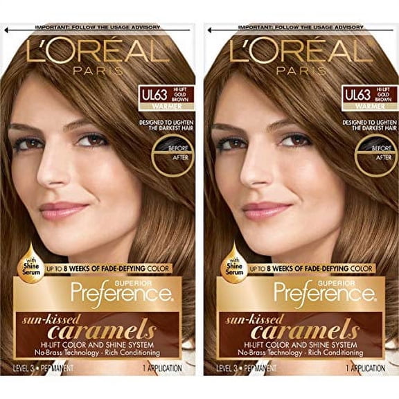 L'Oreal Paris Superior Preference Fade-Defying Shine Permanent Hair Color, U163 Hi-Lift Golden Brown, Pack of 2, Hair Dye