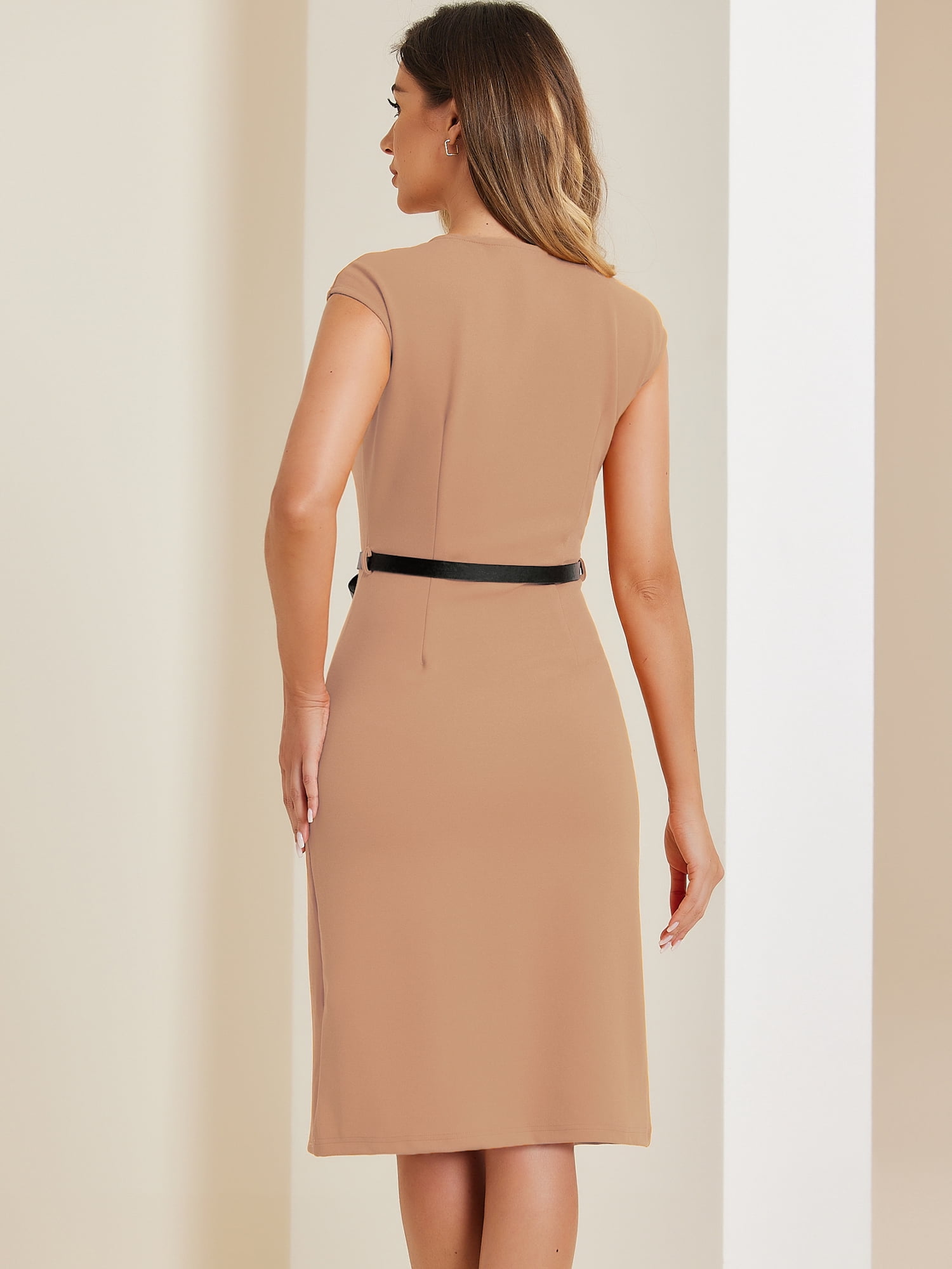 DARING DIVA Elegant Round Neck Cap Sleeve Belted Work Sheath Dresses S Khaki