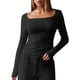thumbnail image 2 of Top corto,Camiseta informal de manga larga con cuello cuadrado para mujer, jersey de poliéster, color liso, cómoda para uso diario, sopatenor, 2 of 9