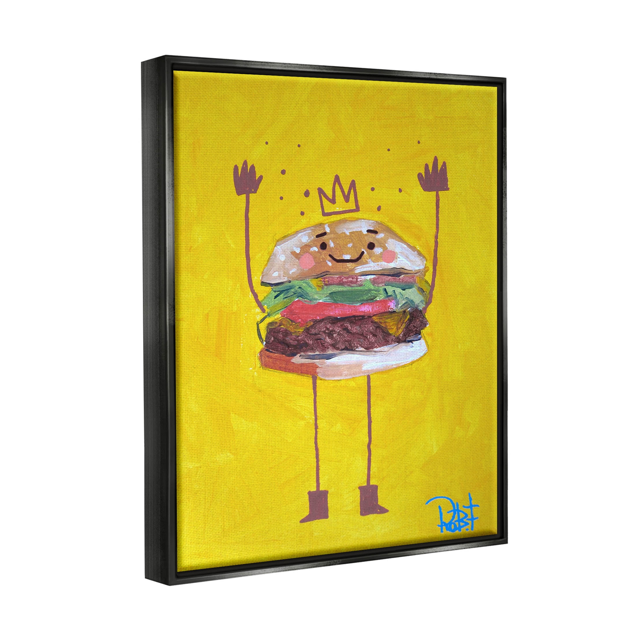 Stupell Industries Smiling Hamburger Crown Food Character Painting Jet Black Floating Framed Canvas Print Wall Art, Design by Robert Filiuta